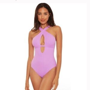 Becca by Rebecca Virtue Tessa High Neck One Piece Swimsuit in Orchid Size S NWT